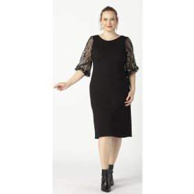 Moda Berray 1958 Siyah Kolu Fileli Desenli Esnek Büyük Beden Triko Kadın Elbise
