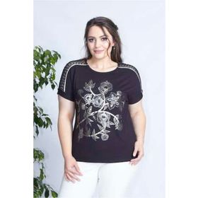 Moda Berray 3008 Siyah Önü Parlak Baskılı Kolu Dantelli Esnek Büyük Beden Kadın Bluz