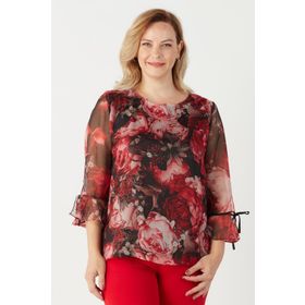 Moda Berray 3129 Kırmızı Çiçek Desenli Şifon Büyük Beden Kadın Bluz