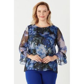 Moda Berray 3129 Saks Çiçek Desenli Şifon Büyük Beden Kadın Bluz