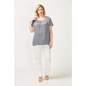 Moda Berray 3202 Gri Damla Yaka Saten Kısa Kollu Büyük Beden Şık Kadın Bluz