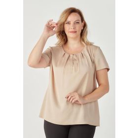 Moda Berray 3202 Vizon Damla Yaka Saten Kısa Kollu Büyük Beden Şık Kadın Bluz