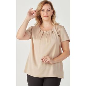 Moda Berray 3202 Vizon Damla Yaka Saten Kısa Kollu Büyük Beden Şık Kadın Bluz