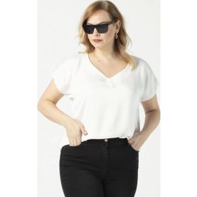 Moda Berray 3203 Beyaz Saten V Yaka Kısa Kollu Büyük Beden Şık Kadın Bluz