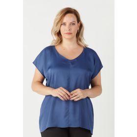 Moda Berray 3203 Gri Saten V Yaka Kısa Kollu Büyük Beden Şık Kadın Bluz