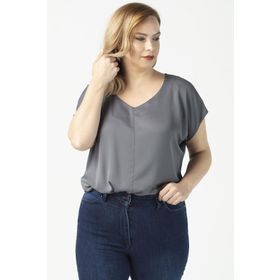 Moda Berray 3203 Gri Saten V Yaka Kısa Kollu Büyük Beden Şık Kadın Bluz