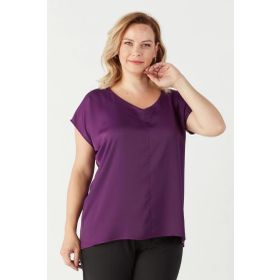 Moda Berray 3203 Mürdüm Saten V Yaka Kısa Kollu Büyük Beden Şık Kadın Bluz