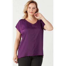 Moda Berray 3203 Mürdüm Saten V Yaka Kısa Kollu Büyük Beden Şık Kadın Bluz