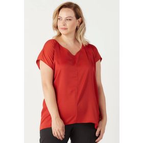 Moda Berray 3203 Tarçın Saten V Yaka Kısa Kollu Büyük Beden Şık Kadın Bluz