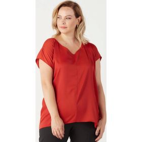 Moda Berray 3203 Tarçın Saten V Yaka Kısa Kollu Büyük Beden Şık Kadın Bluz