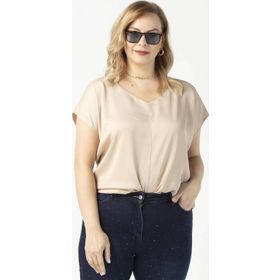 Moda Berray 3203 Vizon Saten V Yaka Kısa Kollu Büyük Beden Şık Kadın Bluz