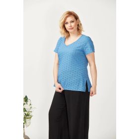 Moda Berray 3204 Mavi Fistolu Kısa Kollu Büyük Beden Şık Kadın Bluz