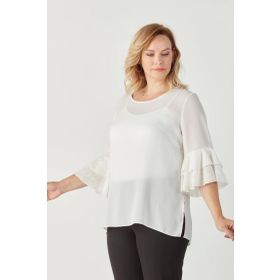 Moda Berray 3206 Beyaz Kolları Fisto Detaylı Büyük Beden Şık Kadın Bluz