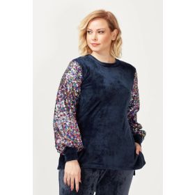 Moda Berray 3232 Lacivert Kadife Kolu Disko Payetli Büyük Beden Kadın Bluz