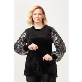 Moda Berray 3232 Siyah Kadife Kolu Disko Payetli Büyük Beden Kadın Bluz