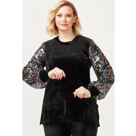 Moda Berray 3232 Siyah Kadife Kolu Disko Payetli Büyük Beden Kadın Bluz