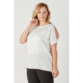 Moda Berray 3235 Beyaz Açık Omuz Detaylı Saten Büyük Beden Şık Kadın Bluz