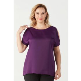 Moda Berray 3235 Mürdüm Açık Omuz Detaylı Saten Büyük Beden Şık Kadın Bluz