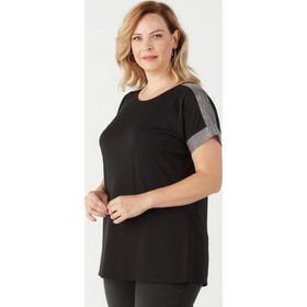 Moda Berray 3236 Siyah Parlak Omuz Detaylı Esnek Büyük Beden Şık Kadın Bluz