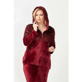 Moda Berray 3239 Bordo Tam Kalıp Pullu Saçaklı Tarz Kapüşonlu Kadife Kadın Eşofman Takımı