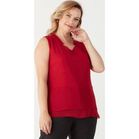 Moda Berray 3241 Kırmızı Yaka Fırfırlı Kolsuz Büyük Beden Şık Kadın Bluz