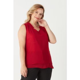 Moda Berray 3241 Kırmızı Yaka Fırfırlı Kolsuz Büyük Beden Şık Kadın Bluz