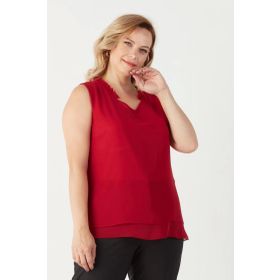 Moda Berray 3241 Kırmızı Yaka Fırfırlı Kolsuz Büyük Beden Şık Kadın Bluz