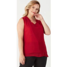 Moda Berray 3241 Kırmızı Yaka Fırfırlı Kolsuz Büyük Beden Şık Kadın Bluz