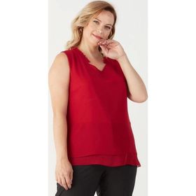 Moda Berray 3241 Kırmızı Yaka Fırfırlı Kolsuz Büyük Beden Şık Kadın Bluz