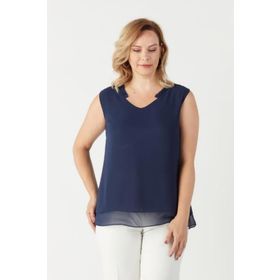 Moda Berray 3241 Lacivert Yaka Fırfırlı Kolsuz Büyük Beden Şık Kadın Bluz