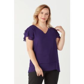 Moda Berray 3249 Mor Omuz Fırfırlı Şifon Büyük Beden Şık Kadın Bluz