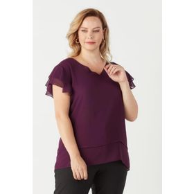Moda Berray 3249 Mürdüm Omuz Fırfırlı Şifon Büyük Beden Şık Kadın Bluz