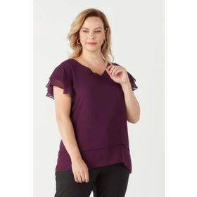 Moda Berray 3249 Mürdüm Omuz Fırfırlı Şifon Büyük Beden Şık Kadın Bluz