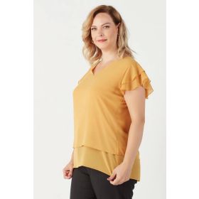 Moda Berray 3249 Sarı Omuz Fırfırlı Şifon Büyük Beden Şık Kadın Bluz