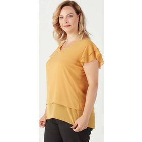 Moda Berray 3249 Sarı Omuz Fırfırlı Şifon Büyük Beden Şık Kadın Bluz