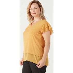 Moda Berray 3249 Sarı Omuz Fırfırlı Şifon Büyük Beden Şık Kadın Bluz