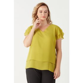 Moda Berray 3249 Yağ Yeşili Omuz Fırfırlı Şifon Büyük Beden Şık Kadın Bluz
