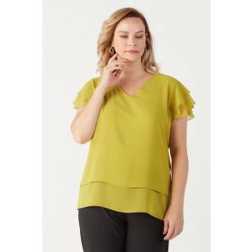 Moda Berray 3249 Yağ Yeşili Omuz Fırfırlı Şifon Büyük Beden Şık Kadın Bluz