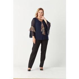 Moda Berray 4039 Lacivert Leopar Desenli Volan Kollu Büyük Beden Kadın Bluz