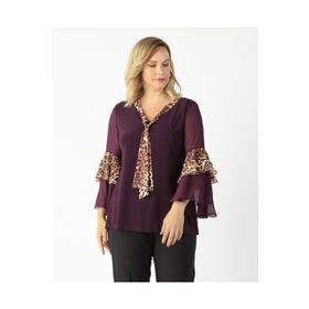 Moda Berray 4039 Mürdüm Leopar Desenli Volan Kollu Büyük Beden Kadın Bluz