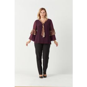 Moda Berray 4039 Mürdüm Leopar Desenli Volan Kollu Büyük Beden Kadın Bluz