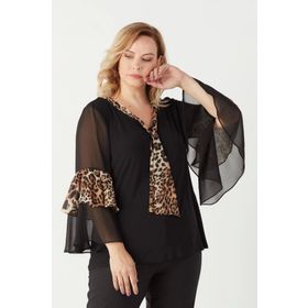 Moda Berray 4039 Siyah Leopar Desenli Volan Kollu Büyük Beden Kadın Bluz