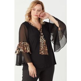 Moda Berray 4039 Siyah Leopar Desenli Volan Kollu Büyük Beden Kadın Bluz