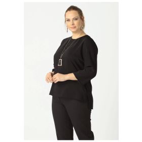Moda Berray 4041 Siyah Kolyeli Arka Yaka Fermuarlı Krep Büyük Beden Kadın Bluz