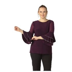 Moda Berray 4043 Bordo Kolları Volanlı Esnek Şık Taşlı Büyük Beden Kadın Bluz