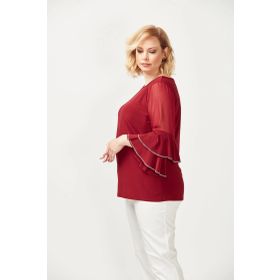 Moda Berray 4043 Bordo Kolları Volanlı Esnek Şık Taşlı Büyük Beden Kadın Bluz