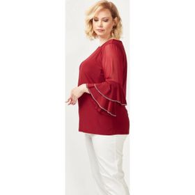 Moda Berray 4043 Bordo Kolları Volanlı Esnek Şık Taşlı Büyük Beden Kadın Bluz