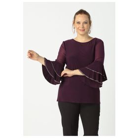 Moda Berray 4043 Mürdüm Kolları Volanlı Esnek Şık Taşlı Büyük Beden Kadın Bluz