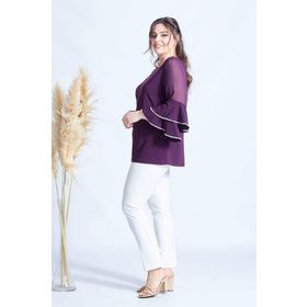Moda Berray 4043 Mürdüm Kolları Volanlı Esnek Şık Taşlı Büyük Beden Kadın Bluz