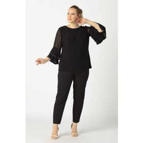 Moda Berray 4043 Siyah Kolları Volanlı Esnek Şık Taşlı Büyük Beden Kadın Bluz